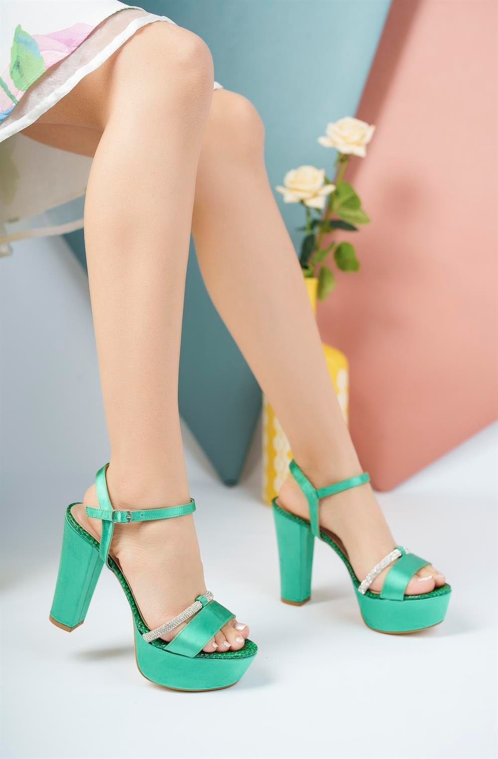 Yeşil Rengi Kadın Taşlı Platform Topuklu Ayakkabı PLT580