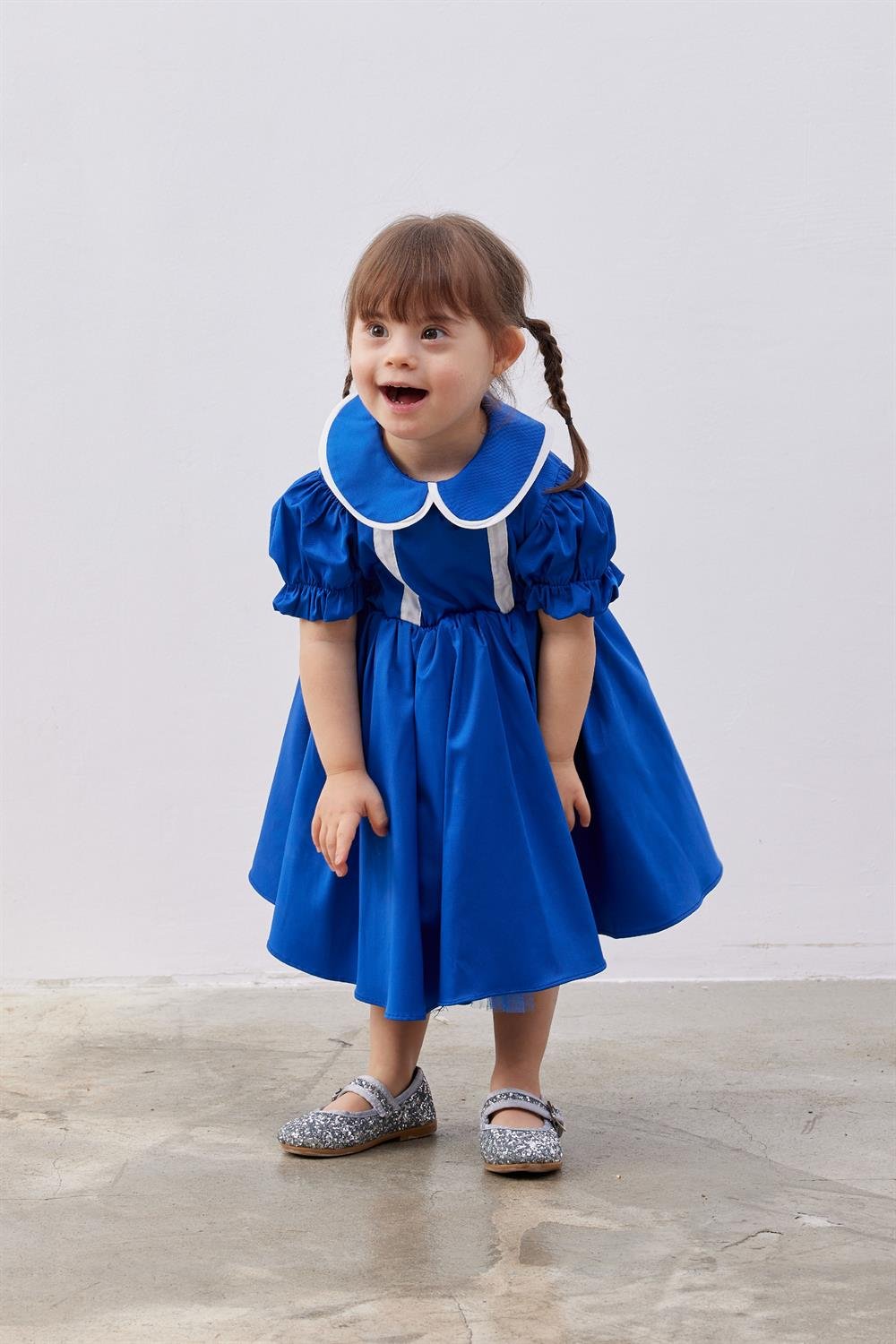 Çocuk Balon Kollu Kabarık Elbise Mavi - FAHHARKIDS