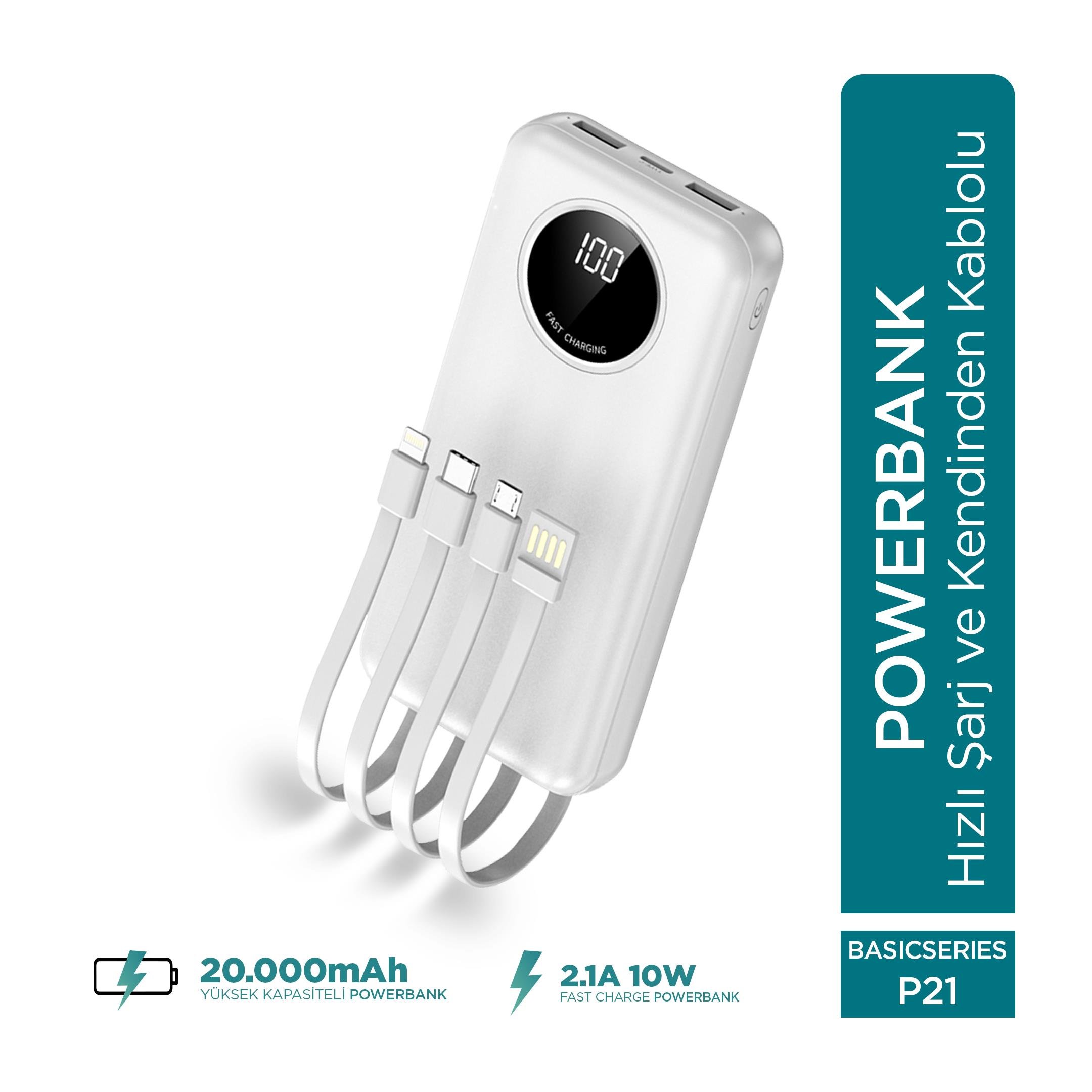 Phixi Basic P21 20 000 mAh 3‑in‑1 Kablolu Powerbank – Toptan Satış