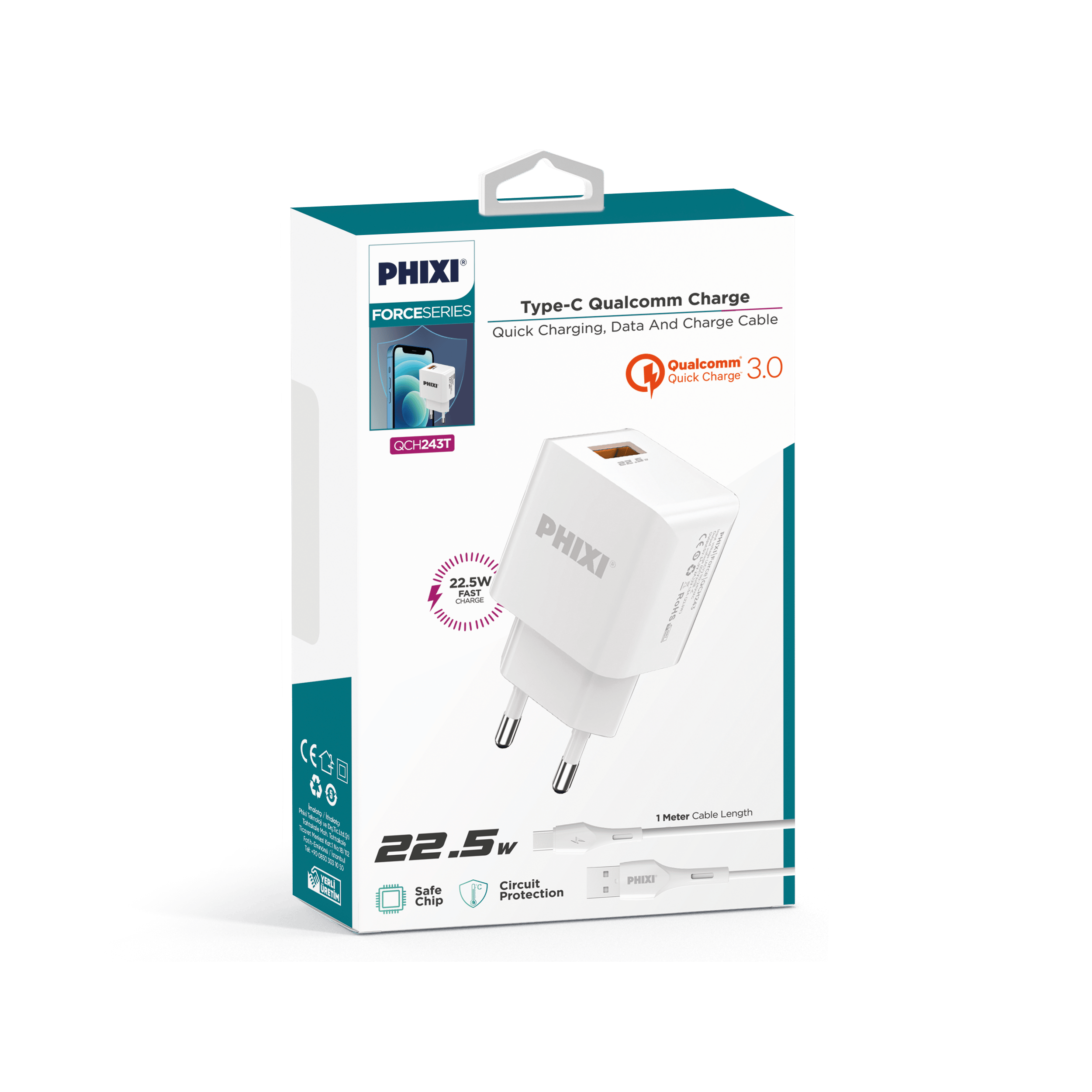 Phixi QCH243T Force akım korumalı Type‑C kablolu hızlı şarj cihazı