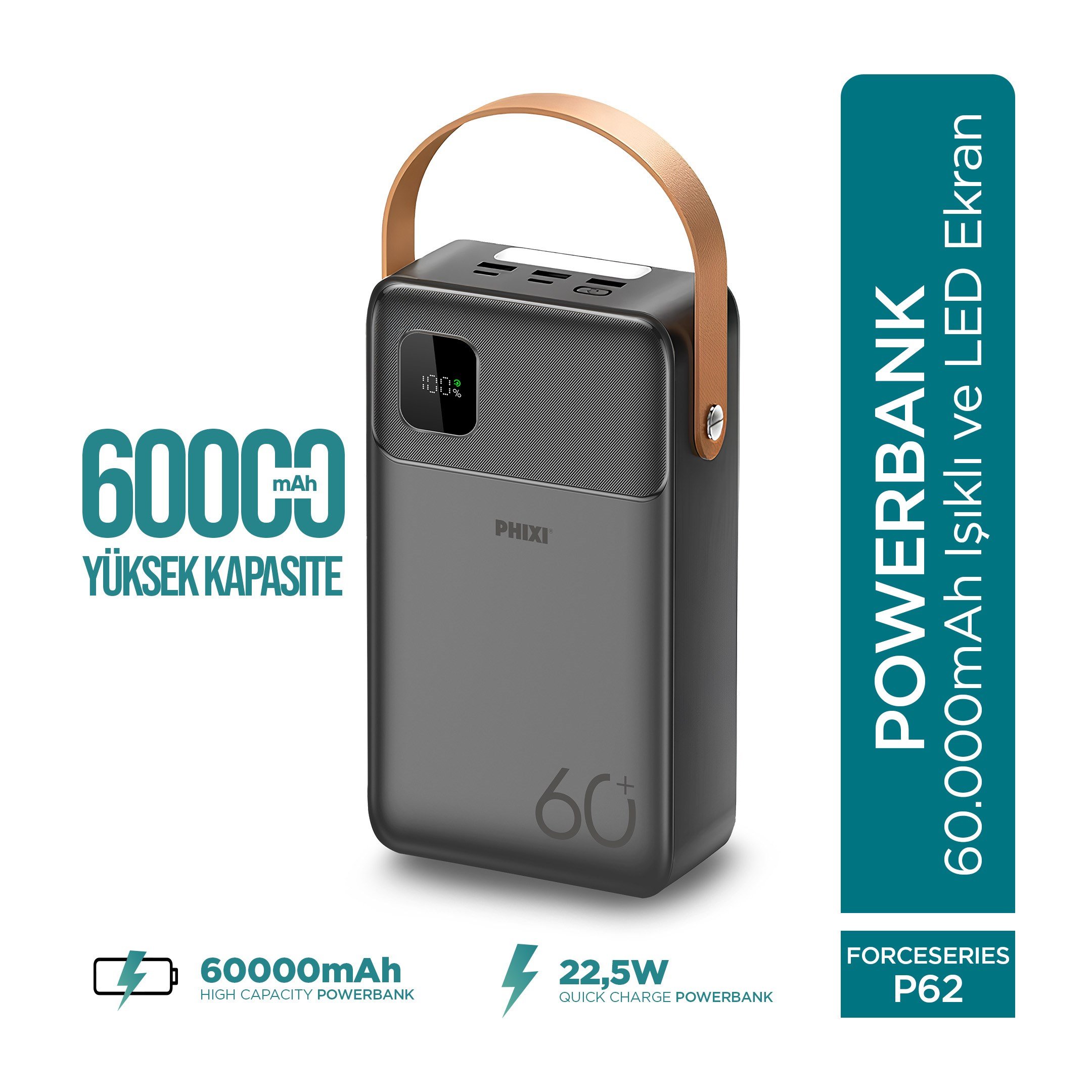 PHIXI MegaCharge P62 60000mAh 22.5W LCD Ekranlı Işıklı Kendinden