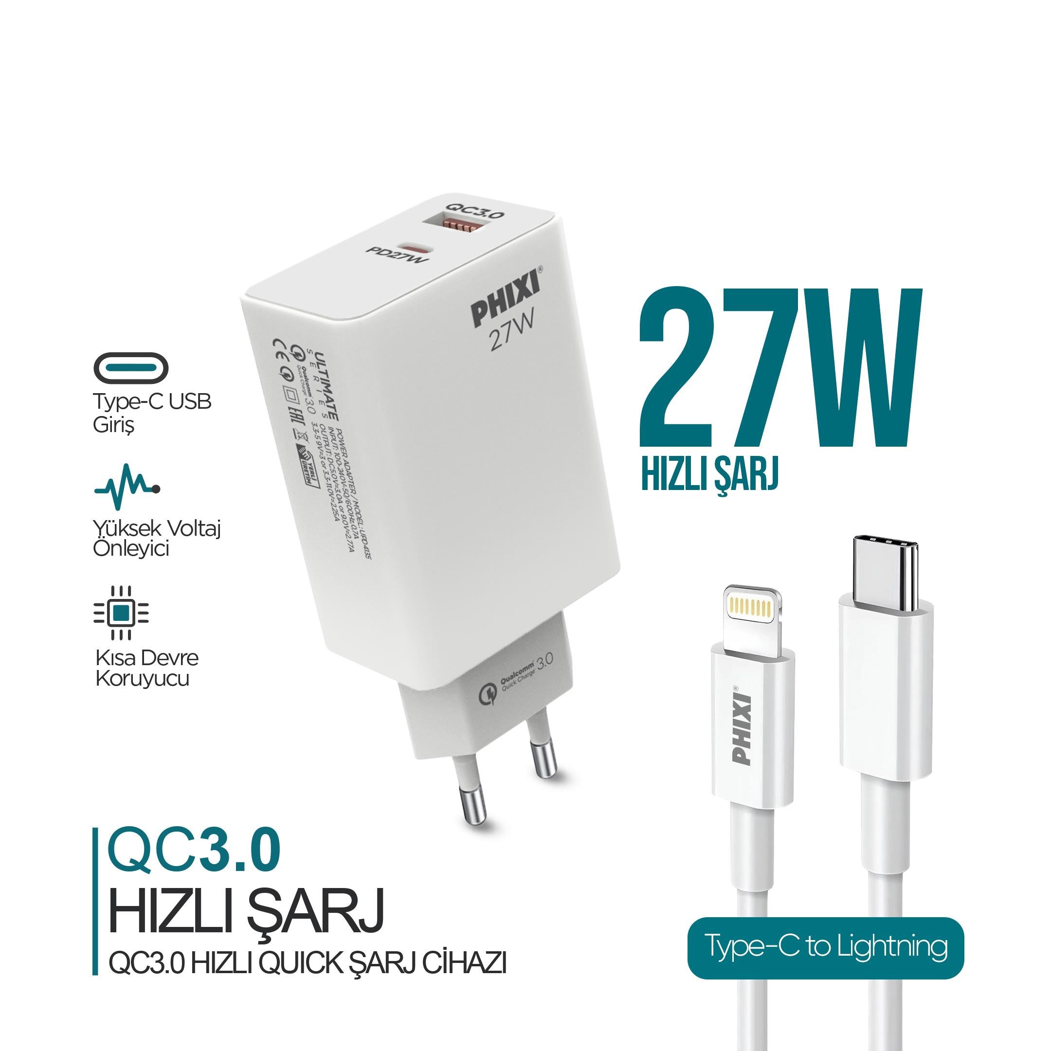 Phixi‑UPD4225L‑27 W‑PD‑Çift‑Çıkışlı‑Lightning‑Hızlı‑Şarj‑Cihazı