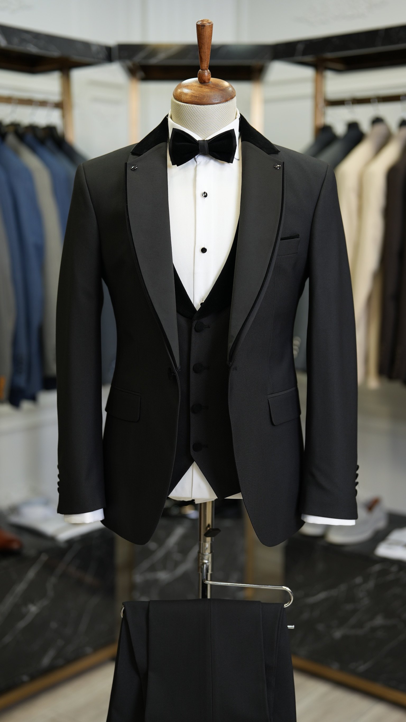 Erkek Slim Fit İtalyan Stil Armürlü Damatlık Smokin Ceket Yelek Pantolon  Papyon-Siyah