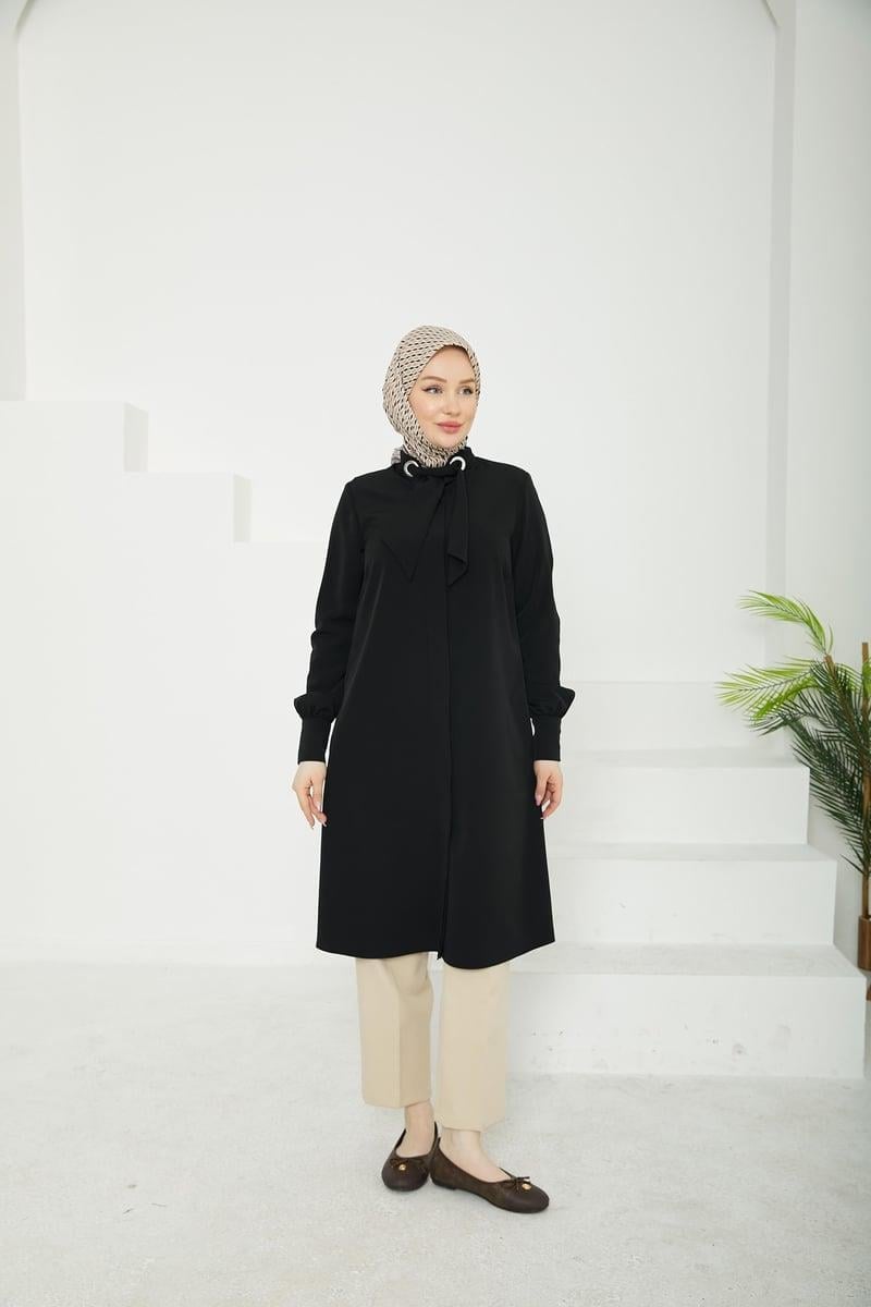 ARMİNE TREND Gizli Düğmeli Yakası Kurdele Detaylı Tunik-Siyah 25YT450