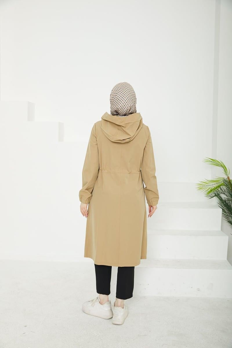 ARMİNE TREND Kapüşonlu Boydan Fermuarlı Kolları Lastikli Kap Bej