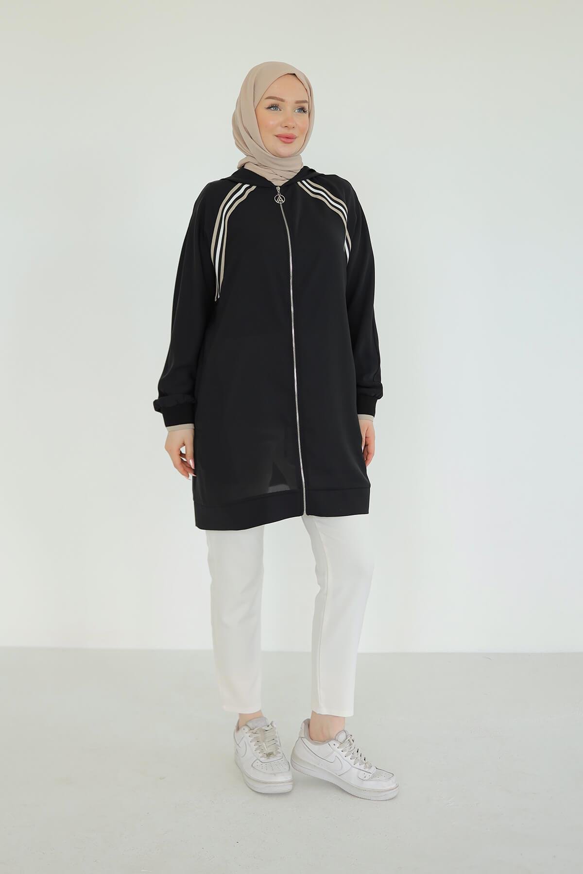Armine TREND Önden Fermuarlı Biyeli Spor Tunik Siyah 25YT409