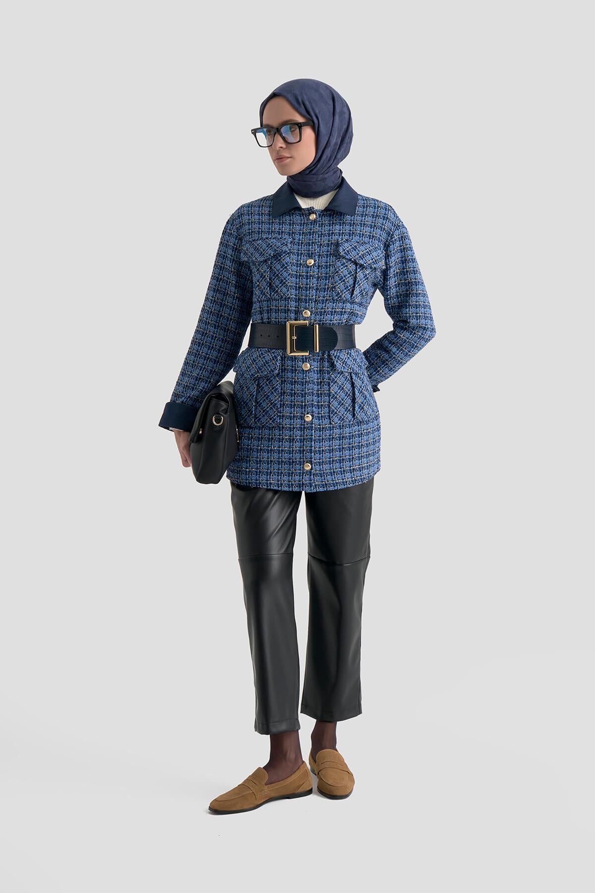 すみれ174レイヤードTU(BK)・87BRILLANTEツイードCT Armine TREND Tüvit Kumaş Bayan Ceket İndigo 25KT404 | Furkan Giyim