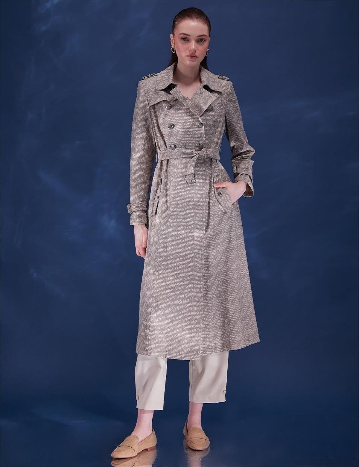 KAYRA Monogram Desen Kruvaze Trençkot KA-B23-14004 Krem