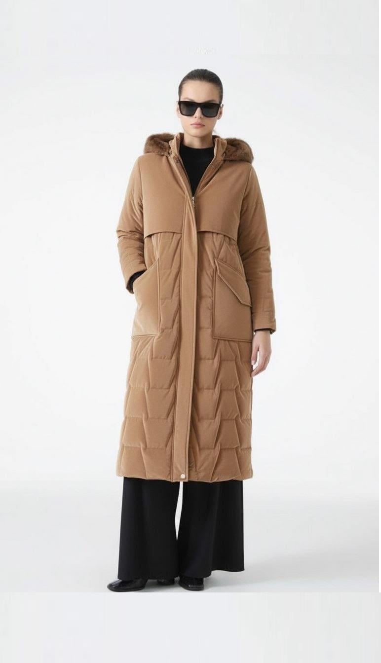 モ̆̈モ̆̈ン̆̈ガ̆̈ Zühre Kürk Kapüşonlu Cep Detaylı Camel Mont 13685 | Furkan Giyim
