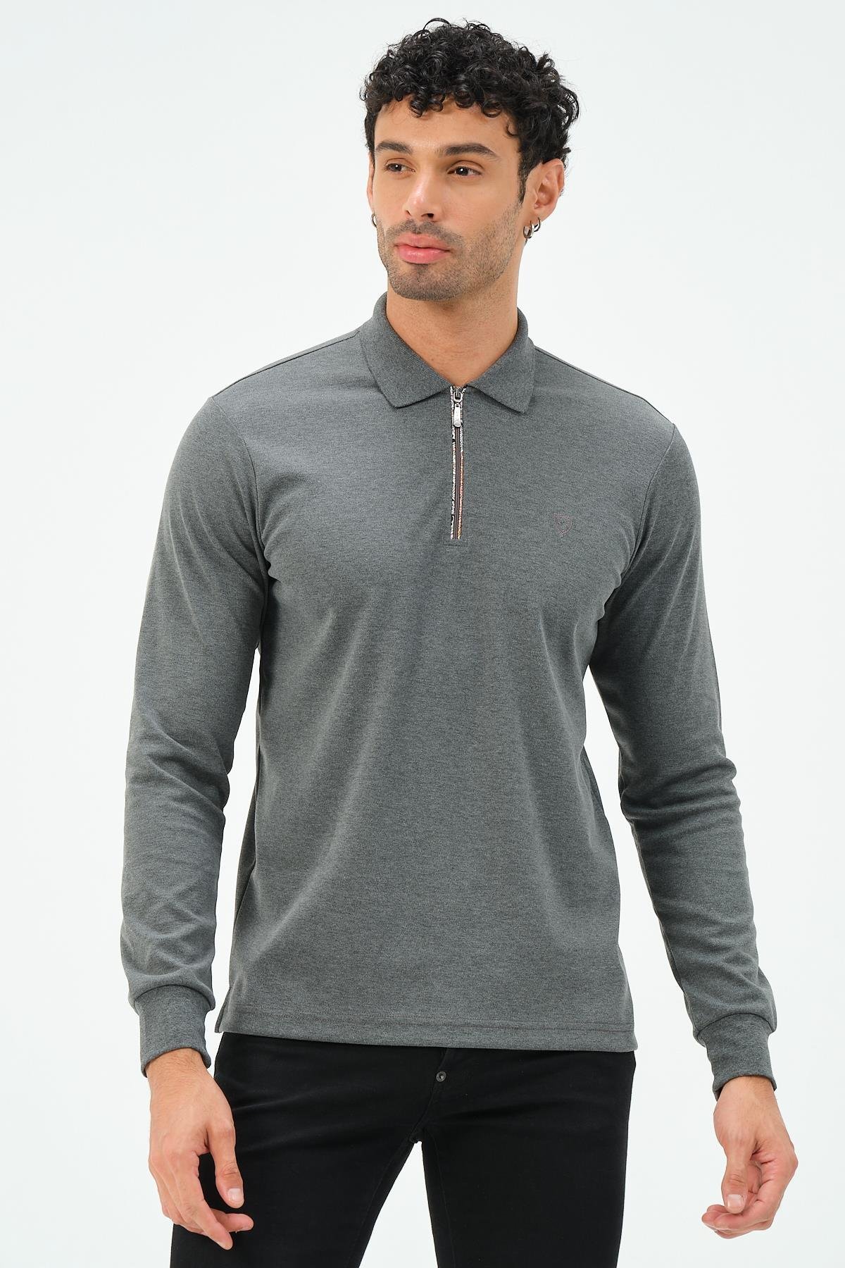 MSW Erkek Fermuarlı Uzun Kollu İnterlok Regular Fit Gri Polo 