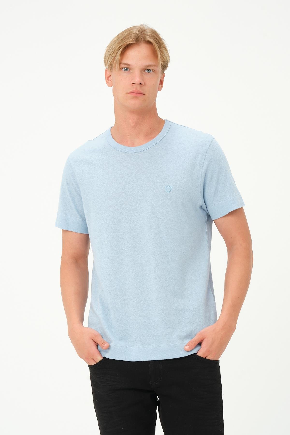 MSW Erkek Keten Regular Fit Bisiklet Yaka Mavi T-shirt