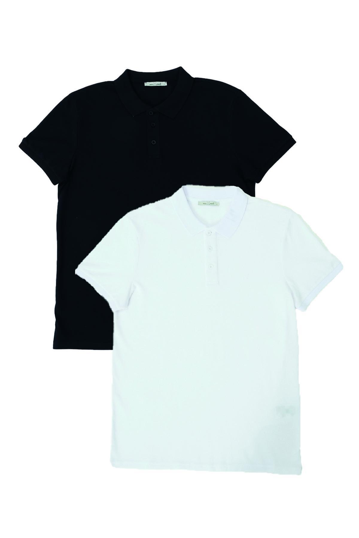 Erkek 2li Polo Yaka T-shirt Siyah-Beyaz
