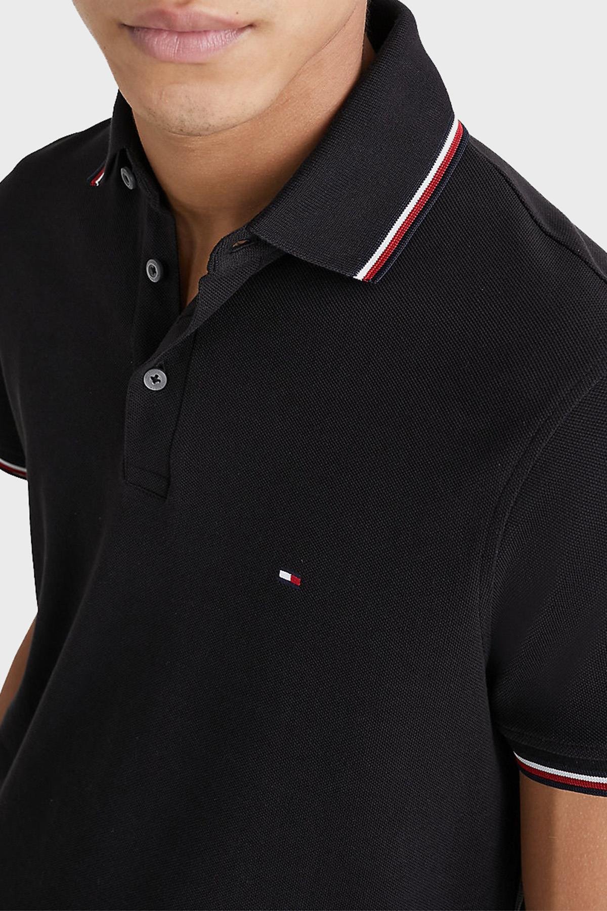 Tommy Hilfiger Erkek Dokuma Polo Yaka K sa Kol Gunluk Siyah Polo Yaka T Shirt MW0MW30750 BDS MW0MW30750 BDS