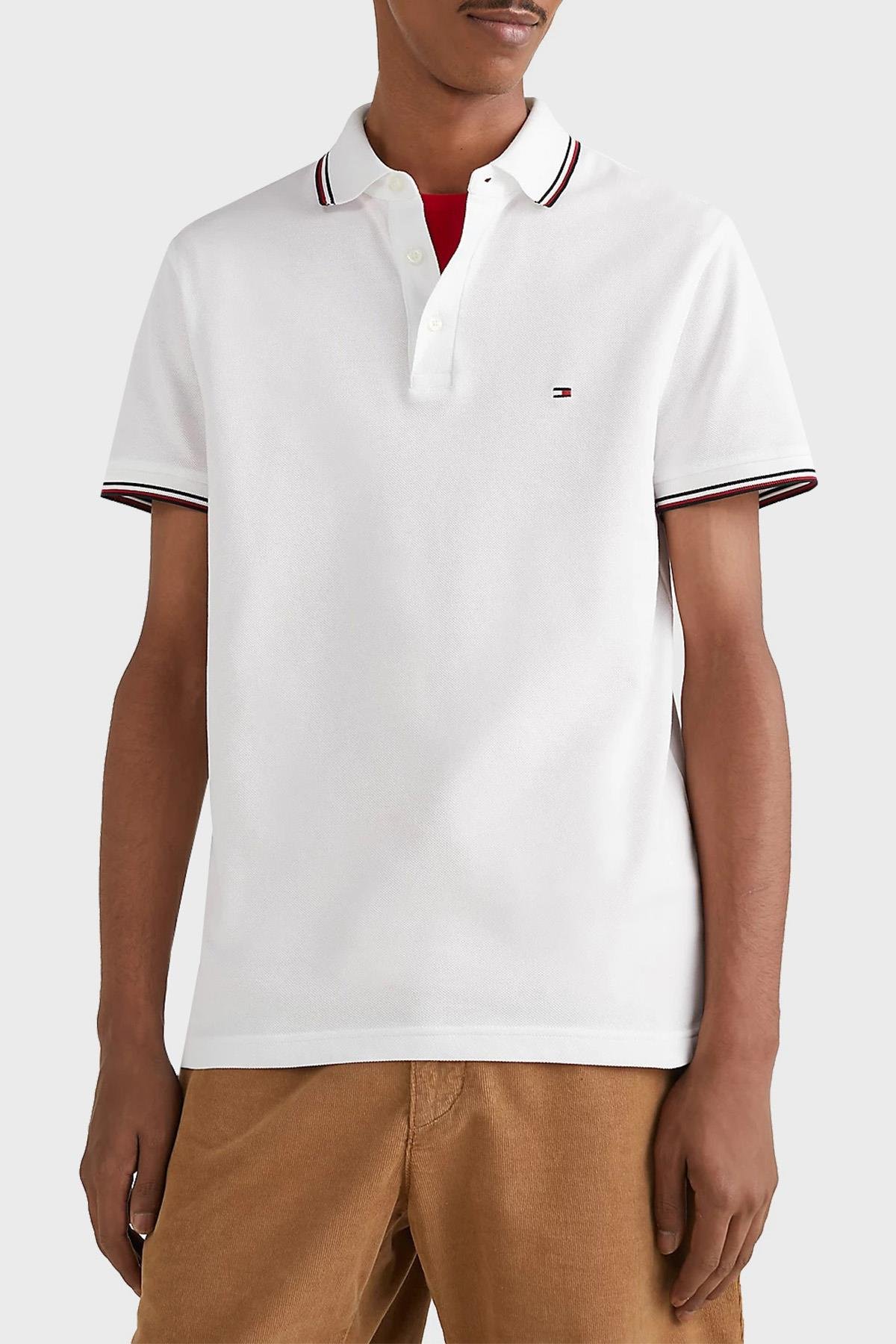 Tommy Hilfiger Erkek Dokuma Polo Yaka K sa Kol Gunluk Beyaz Polo Yaka T Shirt MW0MW30750 YBR MW0MW30750 YBR
