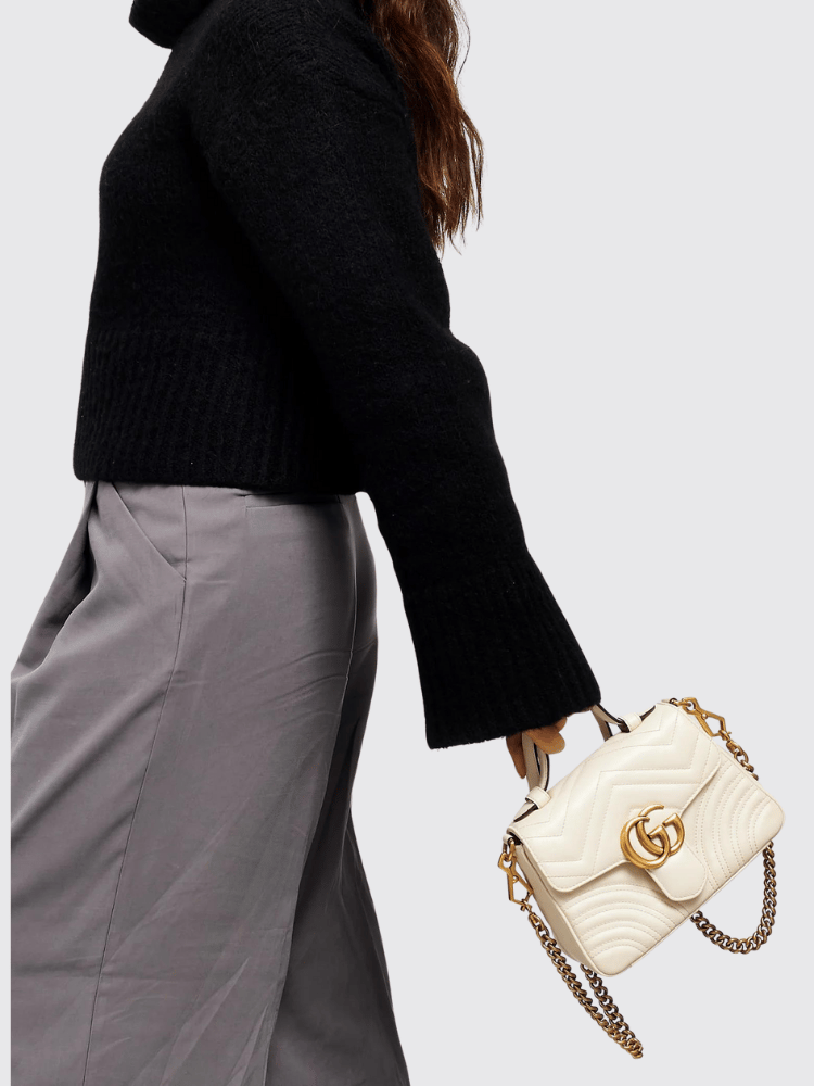 Gucci - White Chevron Leather GG Marmont Top Handle Bag