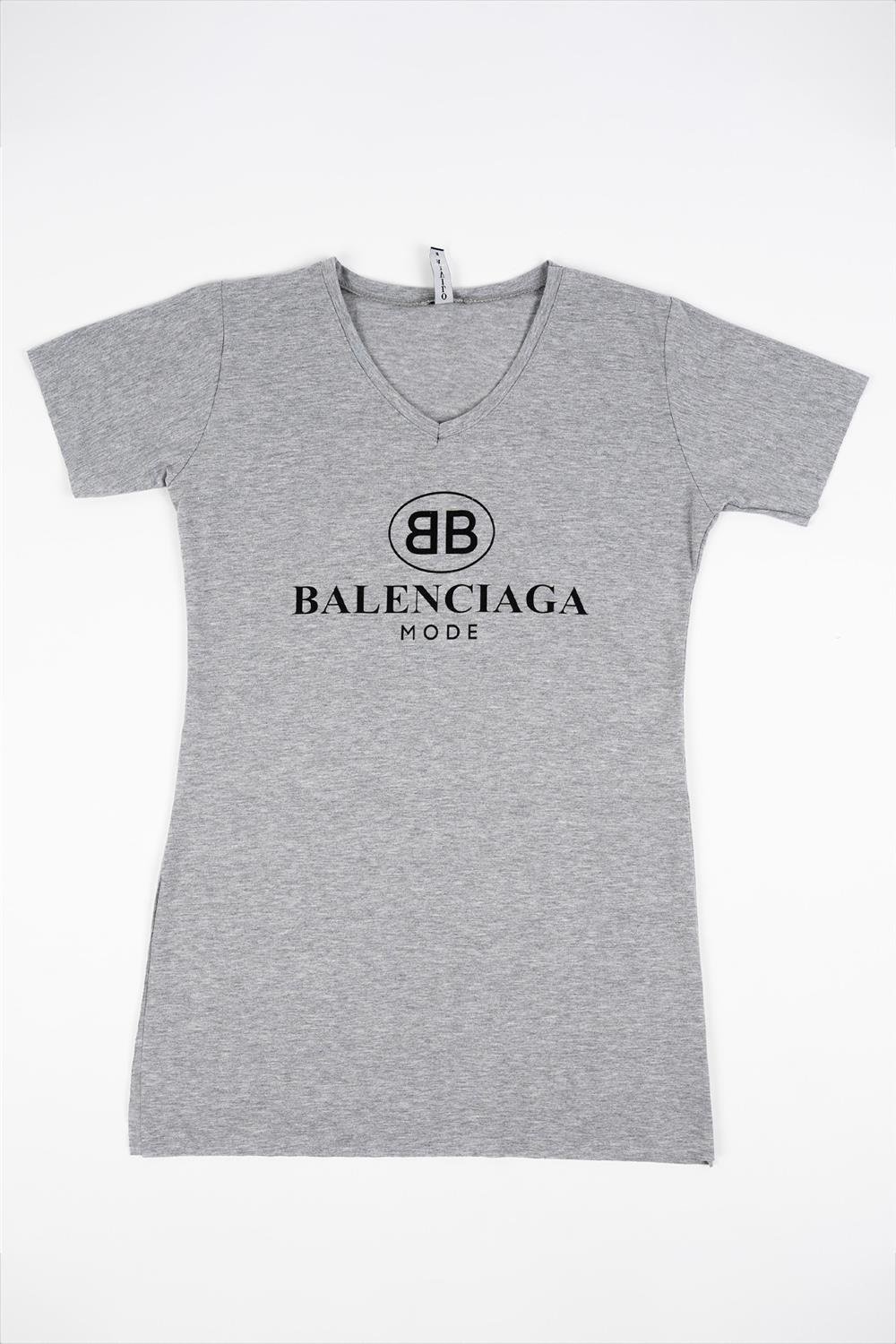 Kadın Gri V Yaka Balenciaga Tişört