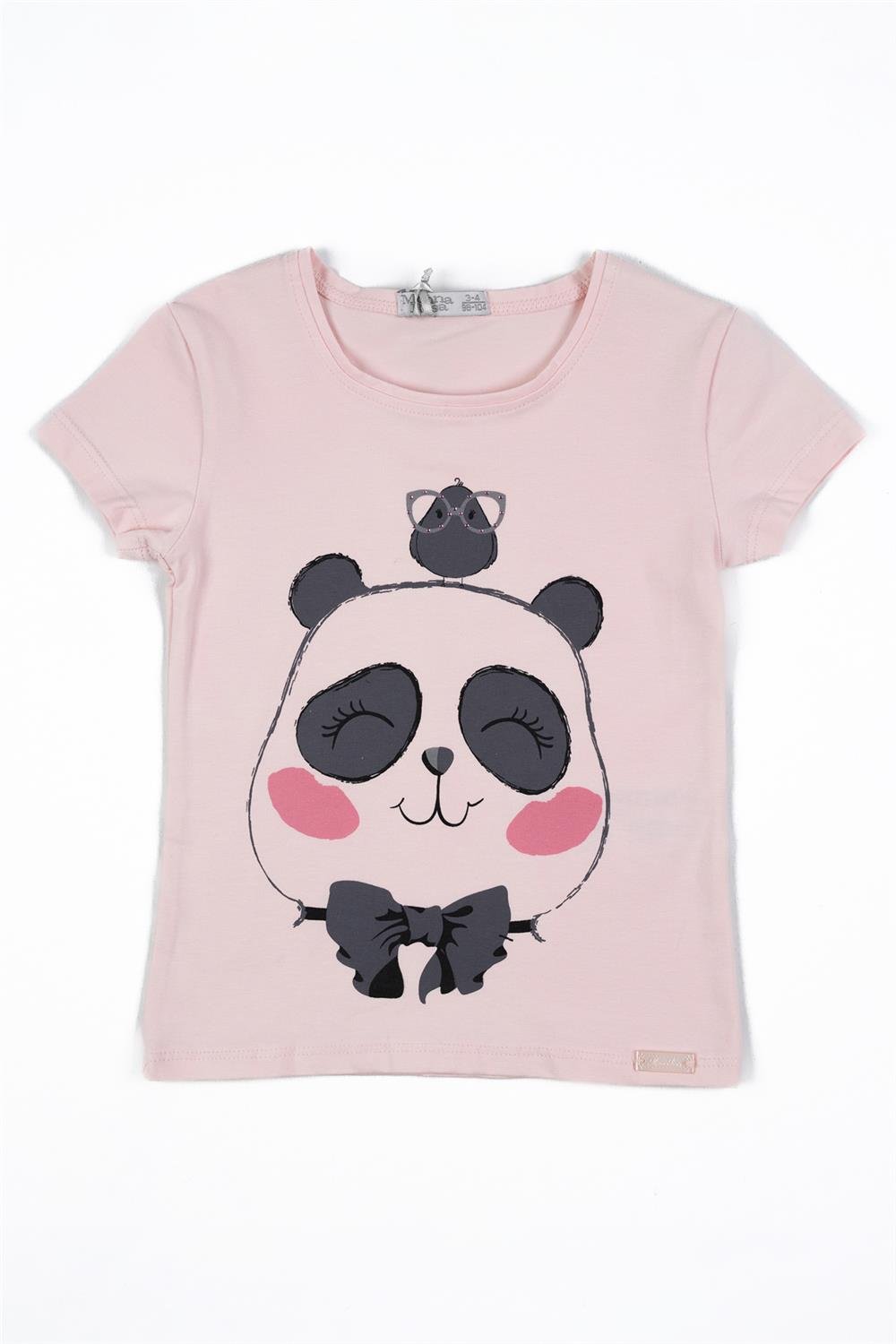 Kız Çocuk Pembe Panda ve Kuş Detaylı Yazlık Tişört