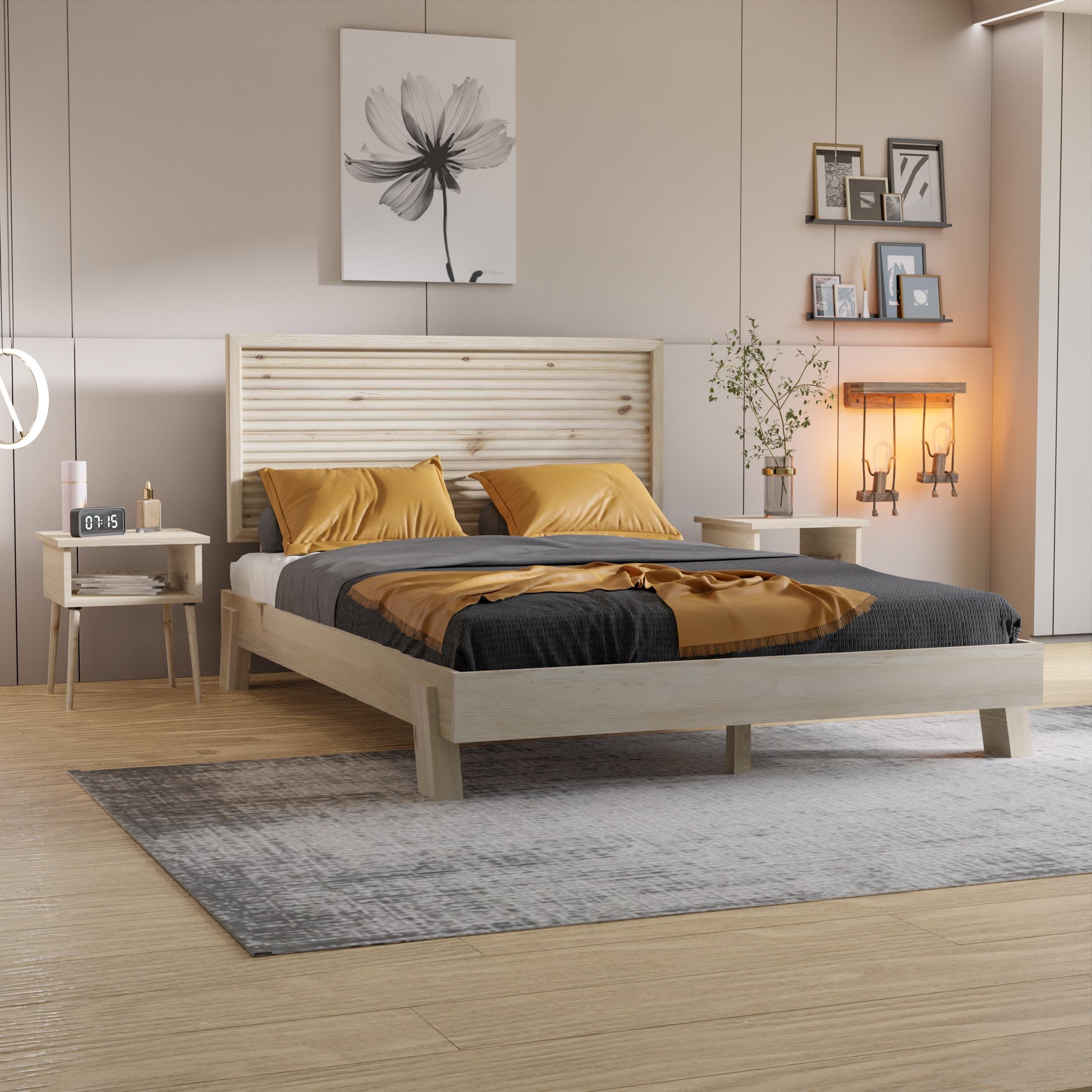 Ebruli Model Doğal Çam Ahşap Karyola Ve İki Komodin Set ( Dikey )