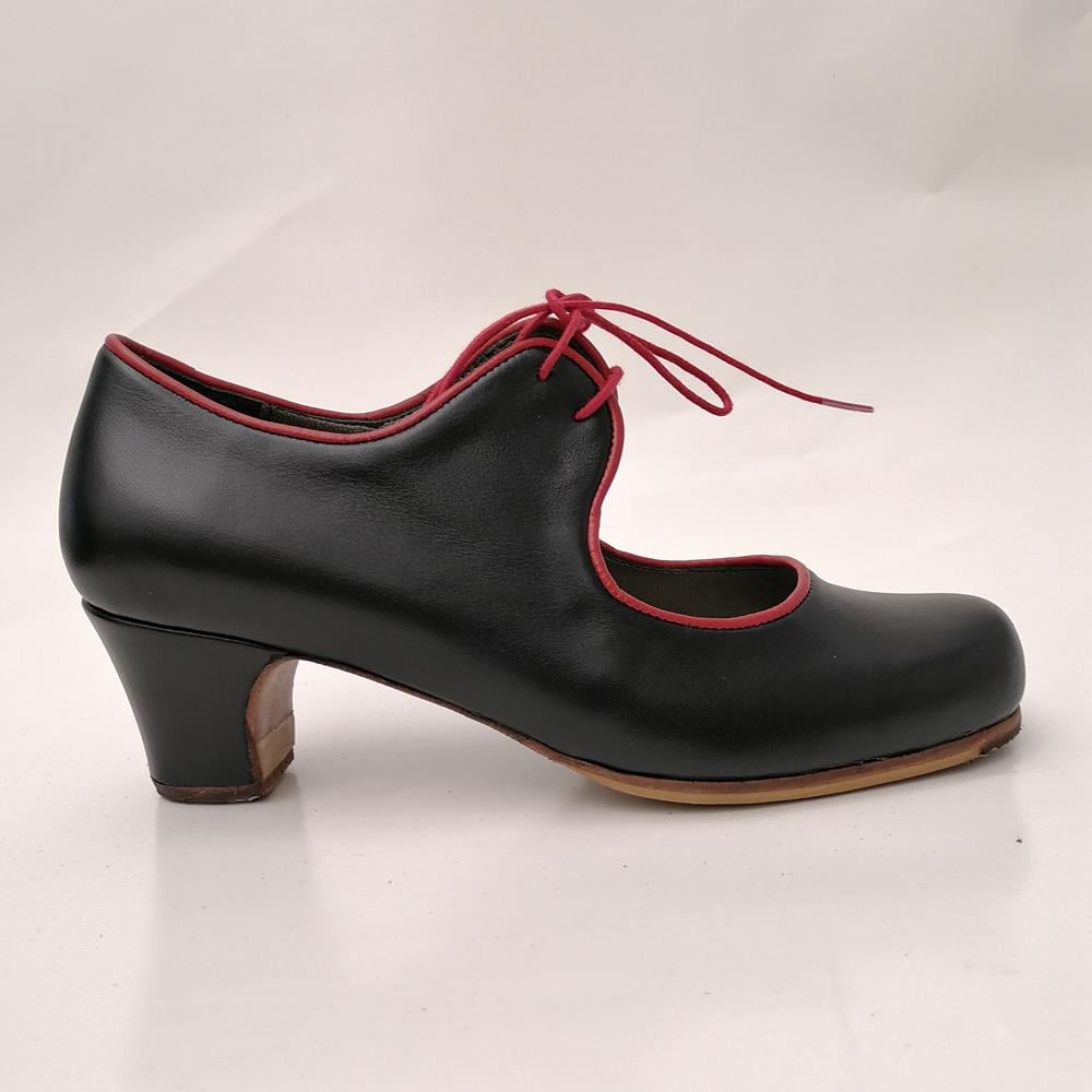 Alona Deri Özel Tasarım Kadın Flamenko Dans Ayakkabısı - Renk Siyah /  Kırmızı Biye