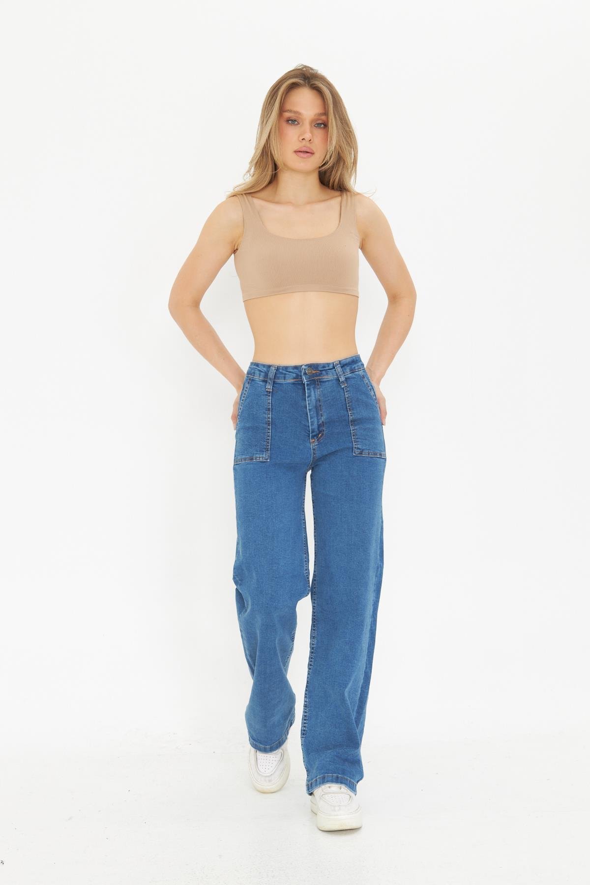 Likralı Üstten Cepli Straight Kot Pantolon AÇIK MAVİ