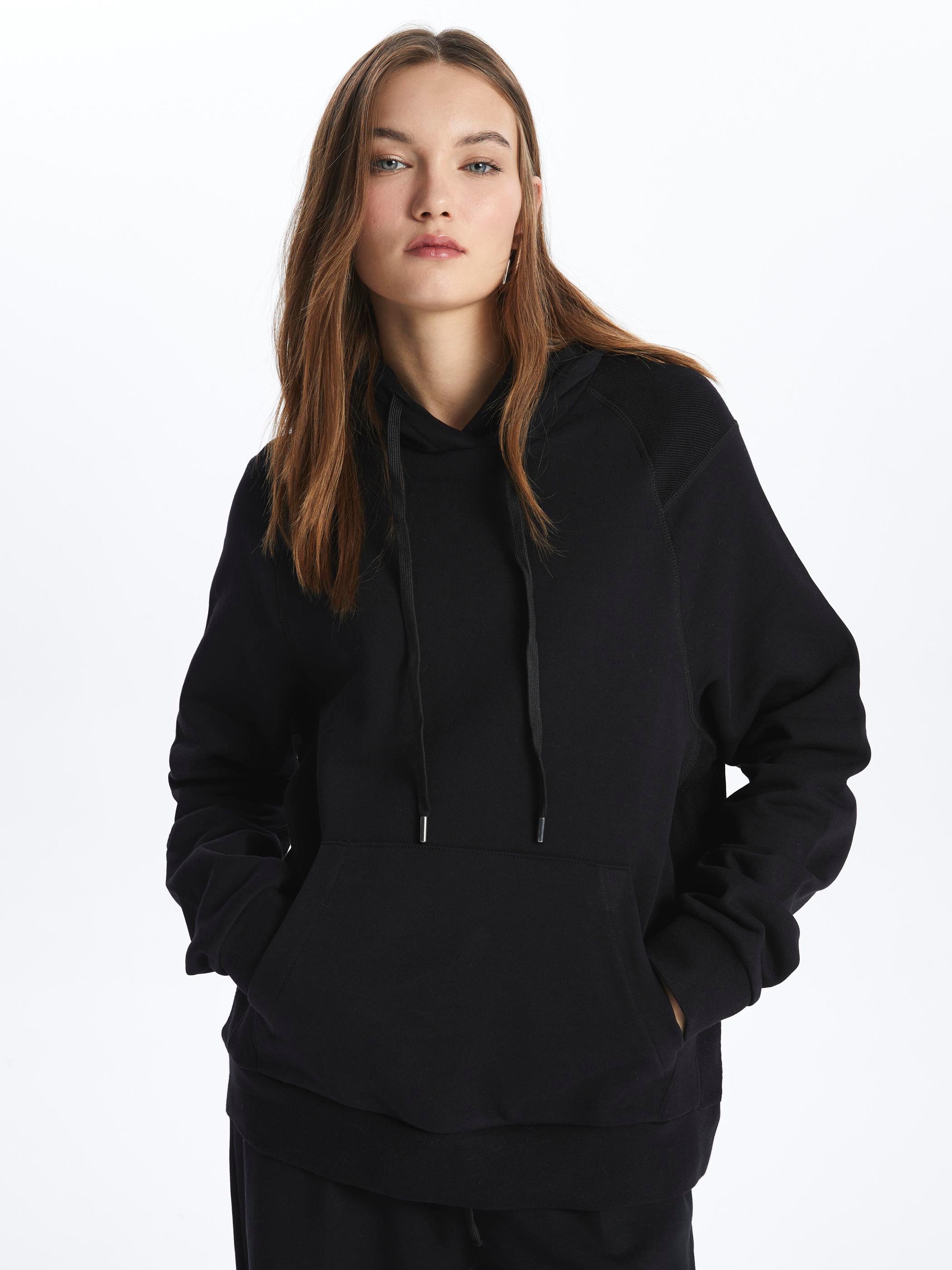 Porto- Kapuşonlu Uzun Kol Düz Sweatshirt- Siyah