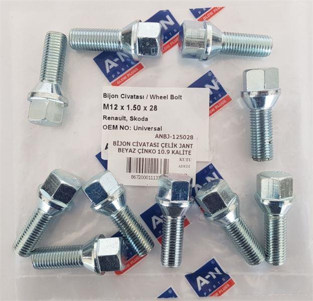 BİJON CİVATASI ÇELİK JANT BEYAZ ÇİNKO 10.9 KALİTE ALFA ROMEO SKODA OPEL BMW MERCEDES VOLKSWAGEN 2010 ÖNCESİ RENAULT MEGANE - CLİO YENİ MODEL AA17 - M12×1.50×28 726340-738736-818380