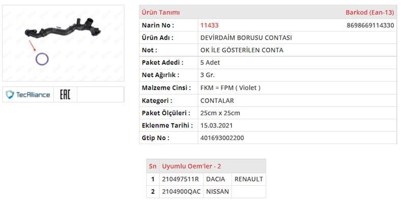 DEVİRDAİM BORUSU CONTASI OK İLE GÖSTERİLEN CONTA RENAULT MEGANE IV / SCENIC IV / CAPTUR I / KADJAR 1.3 TCeRENAULT GRAND SCENIC IV / TALISMAN / CLIO V 1.3 TCeRENAULT KOLEOS II / ARKANA I 1.3 TCeDACIA DUSTER / LODGY / DOKKER 1.3 TCeNISSAN QASH