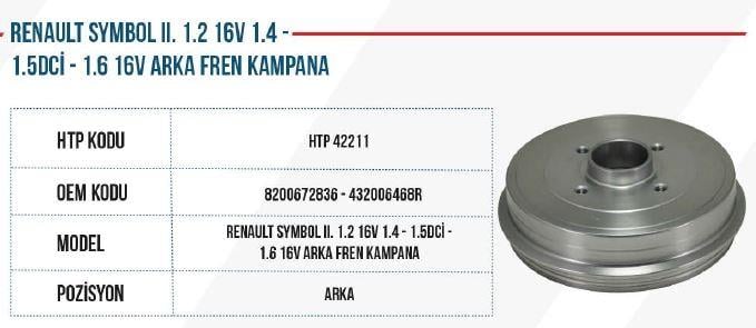 FREN KAMPANASI ARKA SYMBOL II 1.2 16V 1.4 1.5 DCİ 1.6 16V