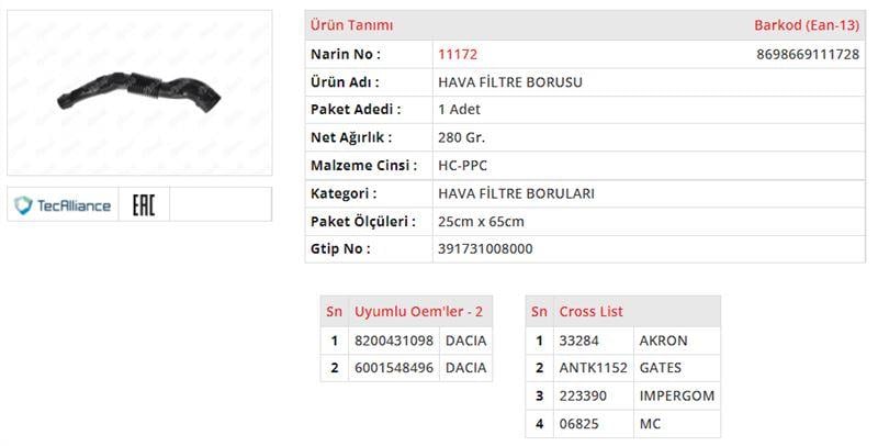 HAVA FİLTRE BORUSU DACIA LOGAN I 1.5 DCI DACIA SANDERO I 1.5 DCI DACIA DUSTER 1.5 DCI