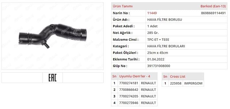 HAVA FİLTRE BORUSU RENAULT 19 II CHAMADE L53 RENAULT