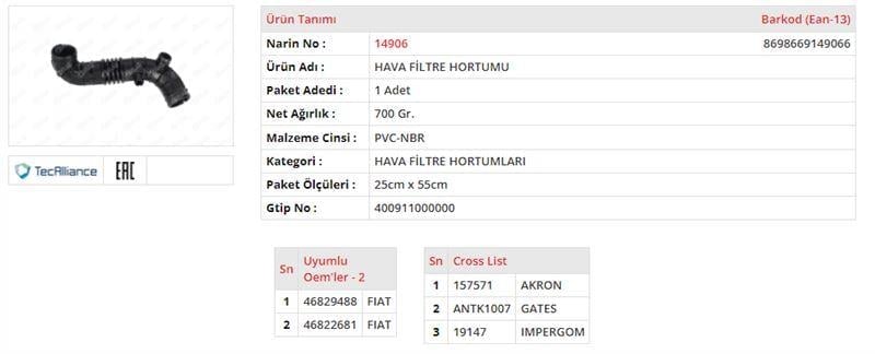 HAVA FİLTRE HORTUMU FIAT DOBLO 1.6 16V