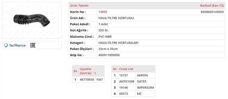 HAVA FİLTRE HORTUMU FIAT DOBLO 1.9 D.