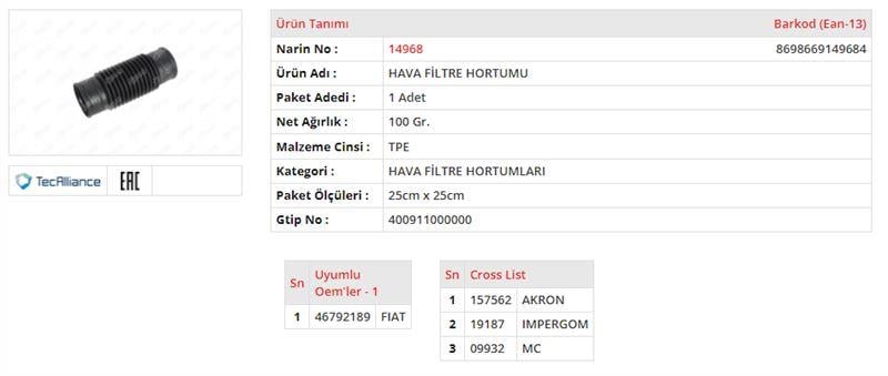 HAVA FİLTRE HORTUMU FIAT DOBLO 1.9 JTD.