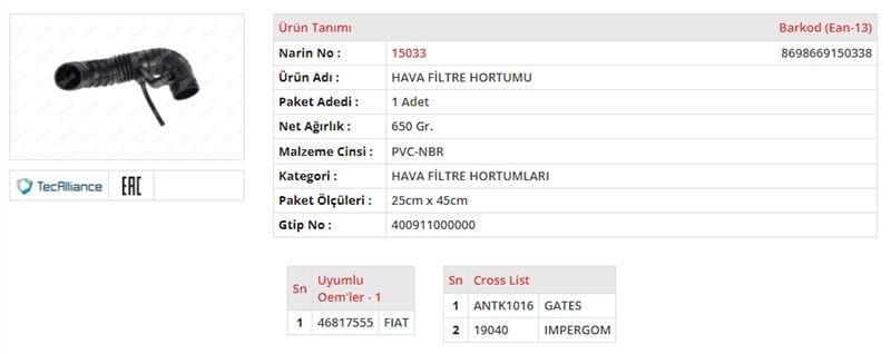 HAVA FİLTRE HORTUMU FIAT PALIO / SIENA 1.2 8V. / 1.6