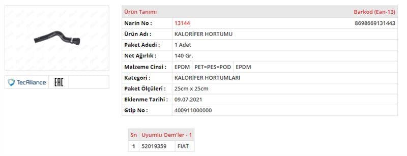 KALORİFER HORTUMU FIAT EGEA 1.3 MULTIJET