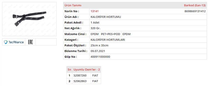 KALORİFER HORTUMU FIAT EGEA 1.4