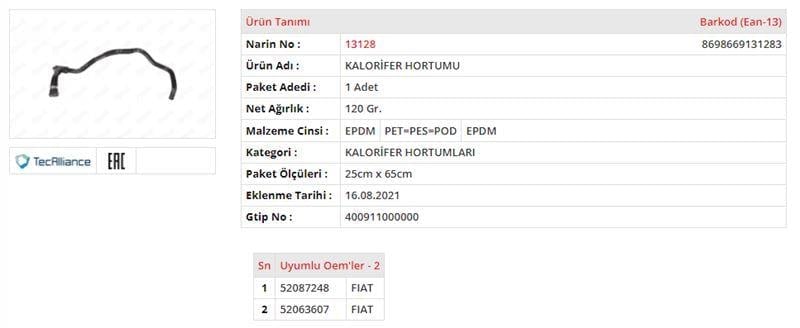 KALORİFER HORTUMU FIAT EGEA 1.6
