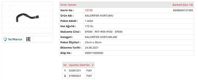 KALORİFER HORTUMU FIAT EGEA 1.6