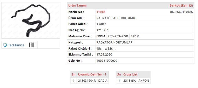 RADYATÖR ALT HORTUMU DACIA LODGY  1.6