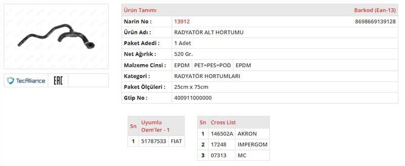 RADYATÖR HORTUMU ALT FIAT 500 1.3 MULTIJET 75 HP