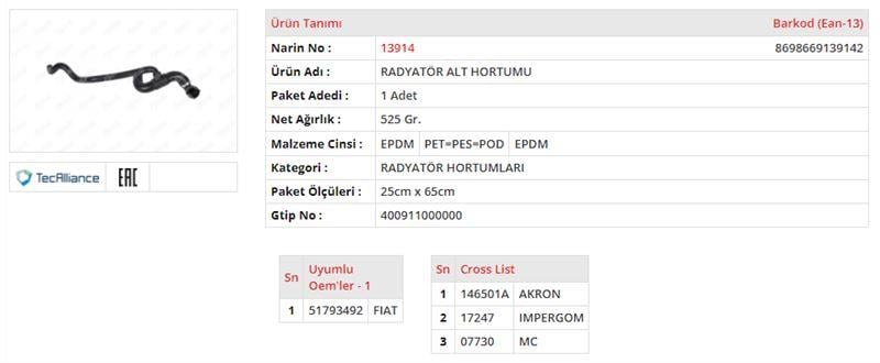 RADYATÖR HORTUMU ALT FIAT 500 1.4