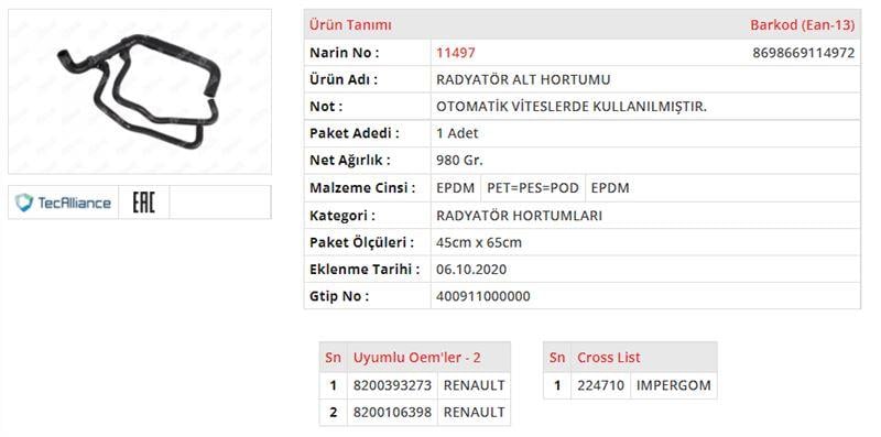 RADYATÖR HORTUMU RENAULT MEGANE II 1.5 DCIRENAULT SCÉNIC II 1.5 DCI