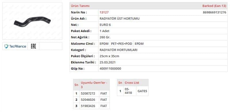 RADYATÖR ÜST HORTUMU EURO 6 FIAT EGEA 1.6 MULTIJET
