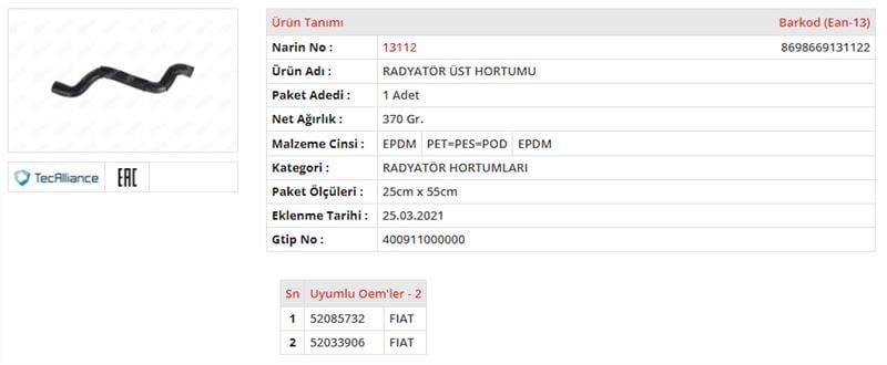 RADYATÖR ÜST HORTUMU FIAT EGEA 1.3 MULTIJET