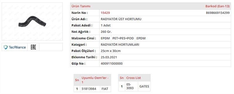 RADYATÖR ÜST HORTUMU FIAT LINEA 1.6 MULTIJET
