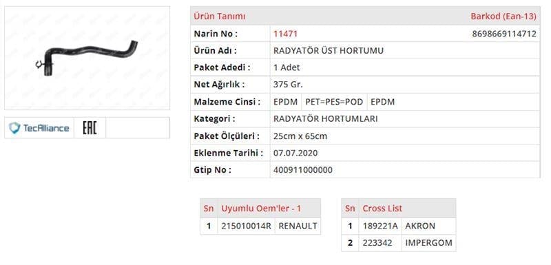 RADYATÖR ÜST HORTUMU RENAULT FLUENCE 1.6 16 V MEGANE III 1.6 16 V  SCÉNIC III 1.6 16 V  