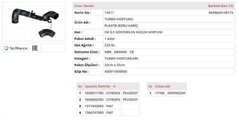 TURBO HORTUMU KÜÇÜK PLASTİK PARÇA HARİÇ FIAT DUCATO III 2.2 JTD PEUGEOT BOXER III 2.2 HDI CITROEN JUMPER III 2.2 HDI