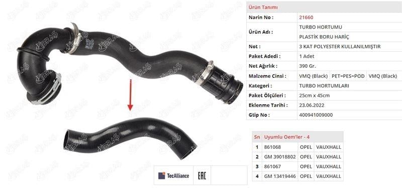 TURBO HORTUMU PLASTİK BORU HARİÇ OPEL İNSİGNİA