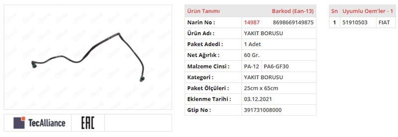 YAKIT BORUSU FİAT DOBLO 1.6 2.0 MULTİJET