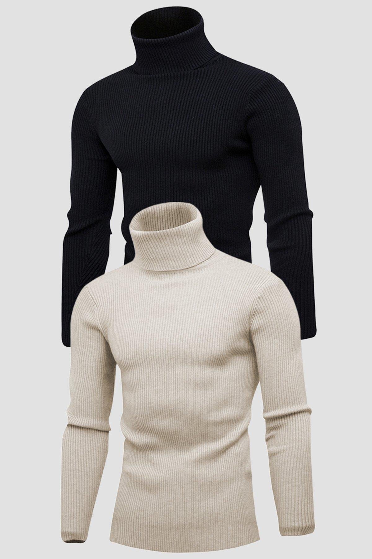 Unisex 2li Hazır Paket Siyah - Bej Balıkçı Yaka Kaşkorse Şardonlu Slimfit Boğazlı Kazak